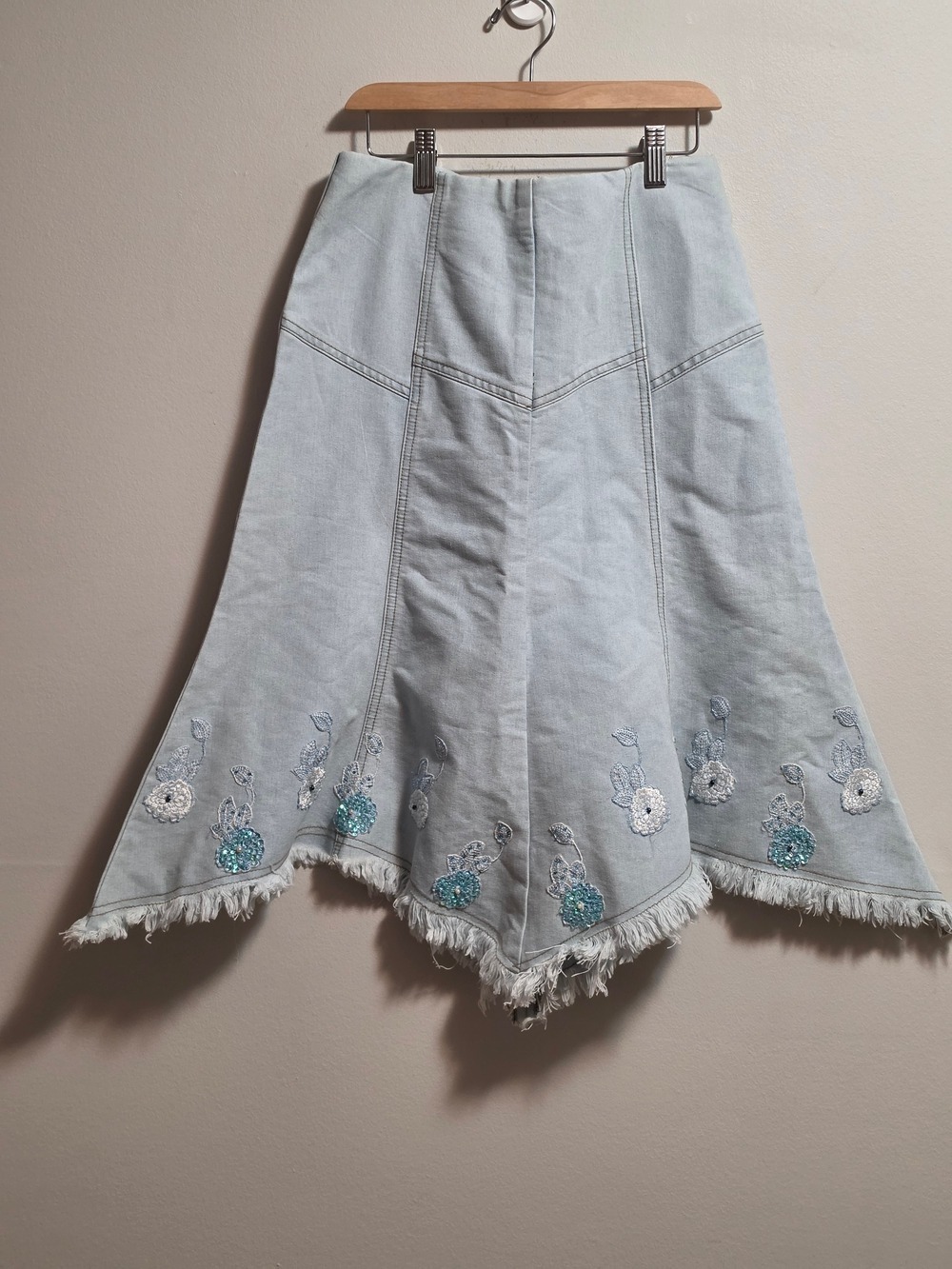 Vintage Light Blue Denim Asymmetrical Embroidered Midi Skirt